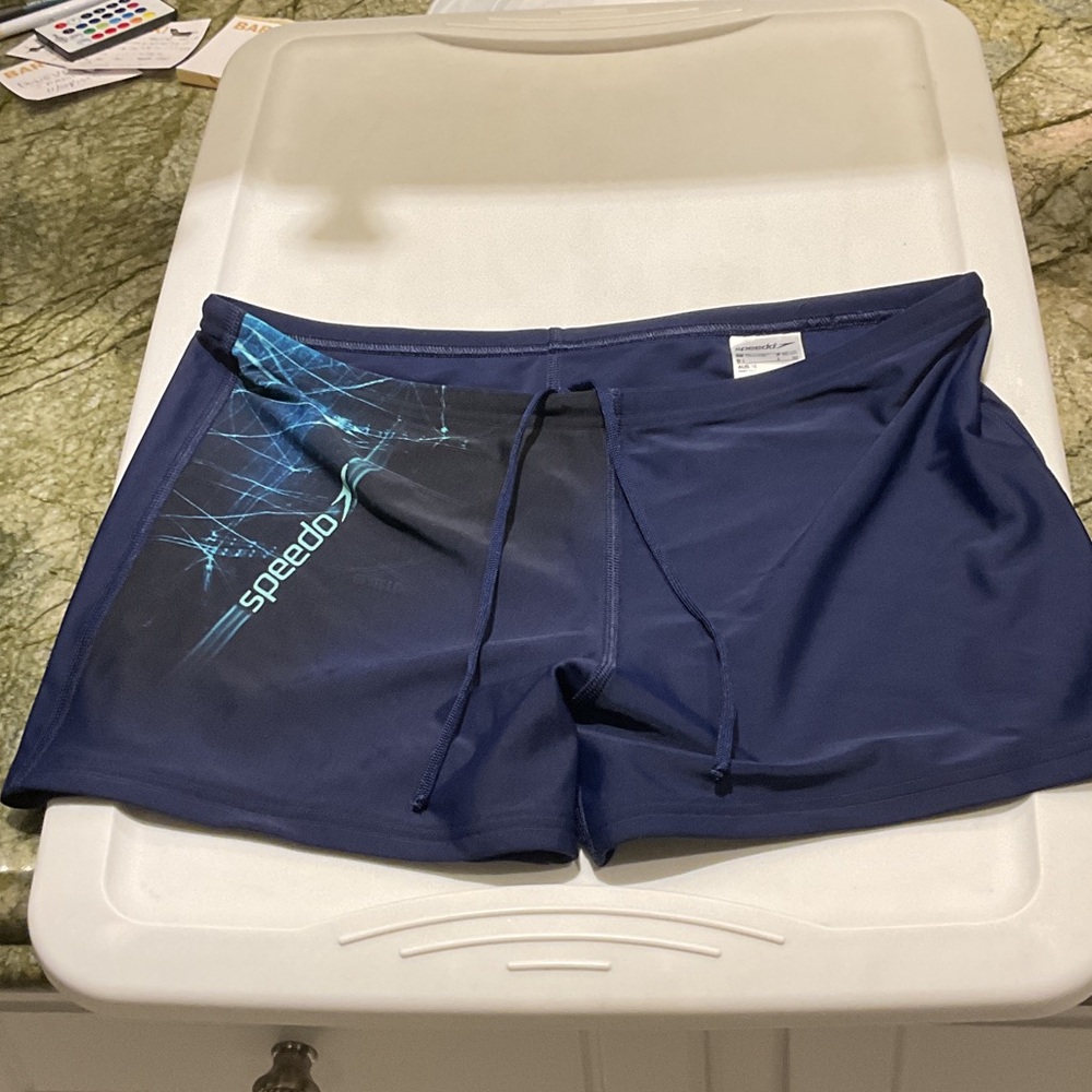 Speedo Men's Navy Swim Trunks with Teal Accents